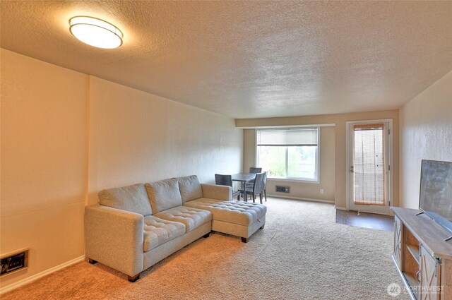 living room featuring carpet flooring, a textured ceiling, and baseboards