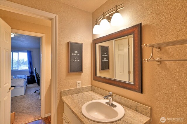 bathroom with a textured wall and vanity