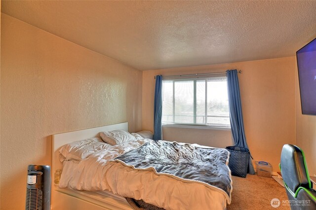 bedroom with carpet floors and a textured ceiling