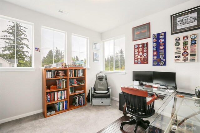 office featuring baseboards, carpet flooring, and visible vents