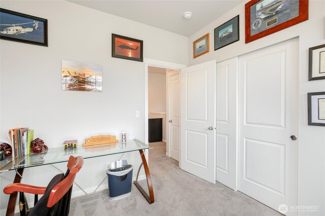home office featuring light colored carpet