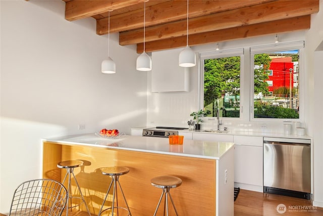 115 E Allison St, Seattle, WA 98102 - bar with pendant lighting, wood finished floors, beamed ceiling, a sink, and appliances with stainless steel finishes