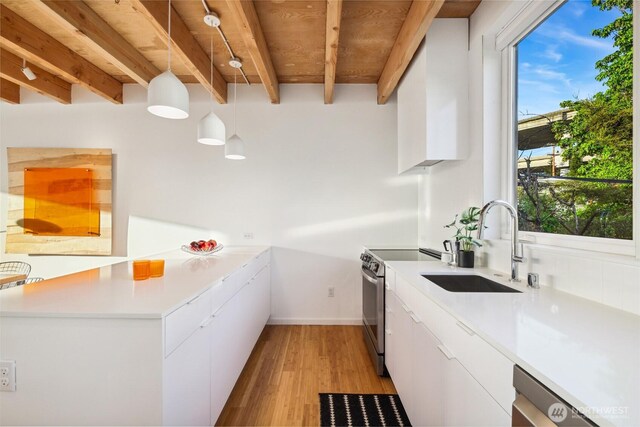 115 E Allison St, Seattle, WA 98102 - kitchen with modern cabinets, a sink, beamed ceiling, electric stove, and light wood-style floors