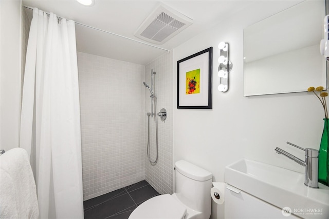 115 E Allison St, Seattle, WA 98102 - full bath with a sink, tile patterned flooring, toilet, visible vents, and tiled shower