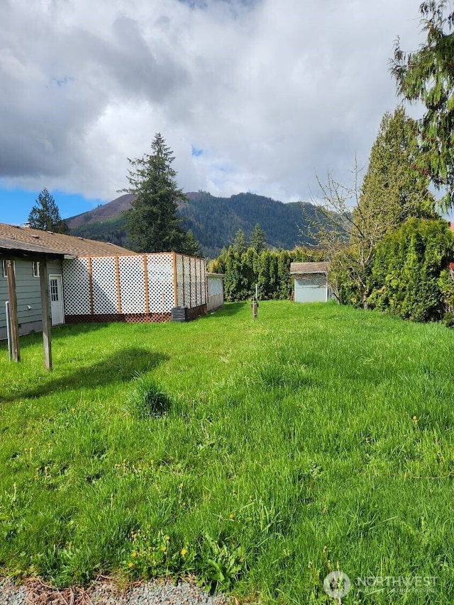 view of yard with a storage shed, an outbuilding, and a mountain view