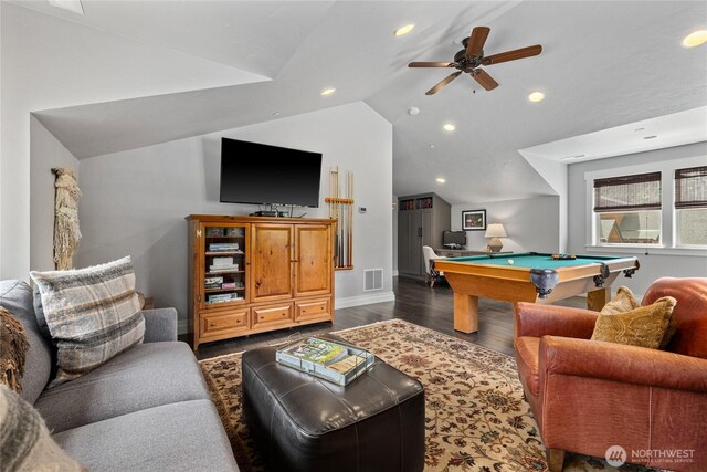330 Maple Leaf Loop, Cle Elum, WA 98922 - playroom featuring visible vents, recessed lighting, pool table, vaulted ceiling, and dark wood-style floors