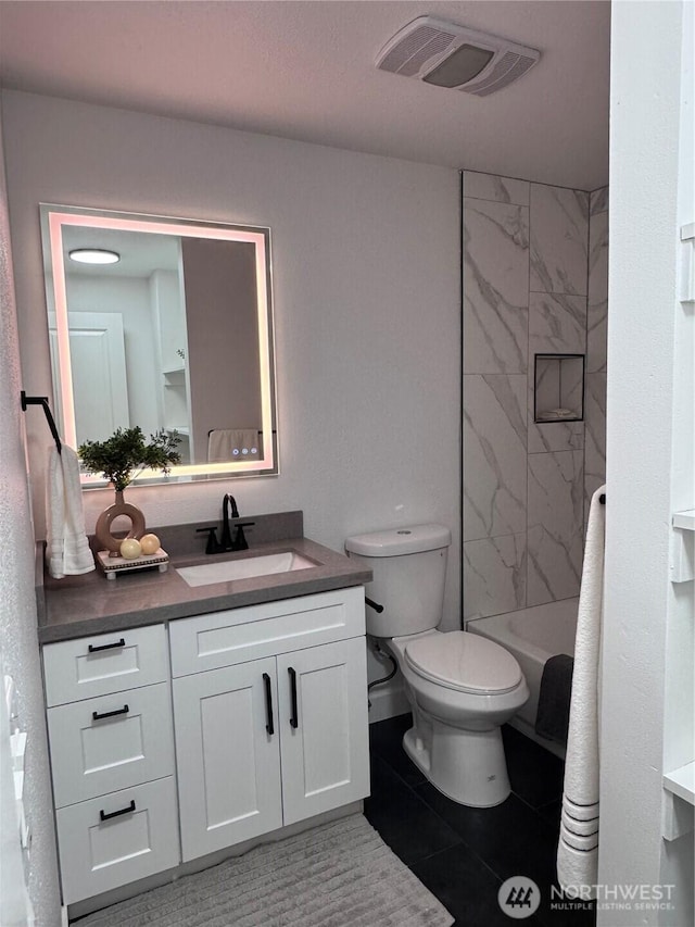 full bath featuring visible vents, tile patterned flooring, toilet, and vanity
