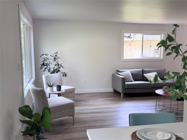 living area featuring baseboards and wood finished floors