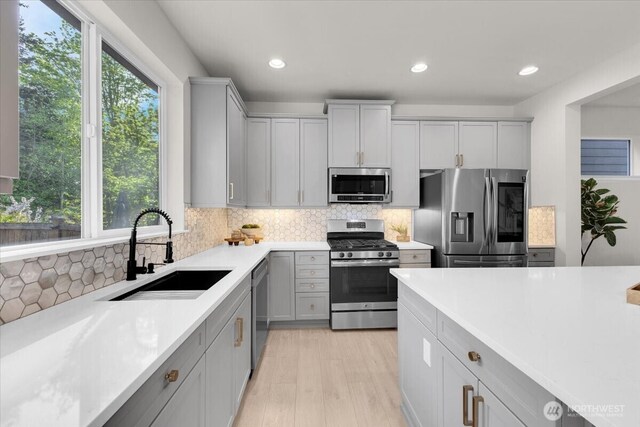 kitchen featuring a sink, appliances with stainless steel finishes, gray cabinets, and light countertops