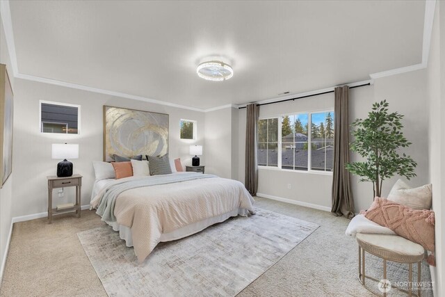 bedroom with baseboards, ornamental molding, and carpet