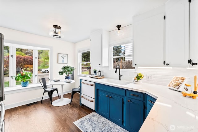 4215 N 27th St, Tacoma, WA 98407 - kitchen with a sink, backsplash, blue cabinets, and a healthy amount of sunlight