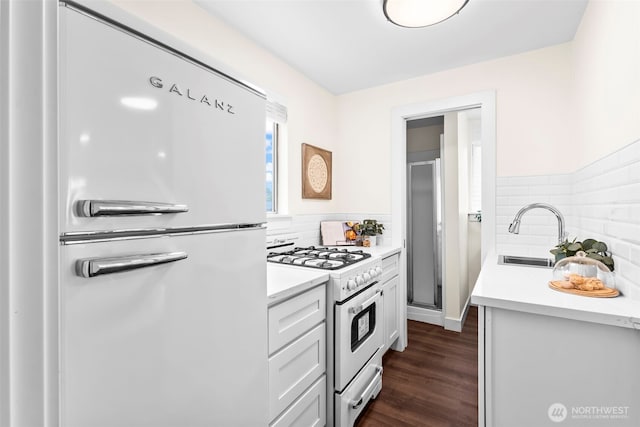 4215 N 27th St, Tacoma, WA 98407 - kitchen with dark wood-style flooring, a sink, white appliances, light countertops, and white cabinetry