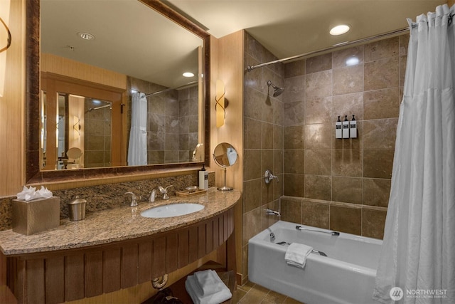 3600 Suncadia Trl Unit 3020, Cle Elum, WA 98922 - bathroom featuring recessed lighting, vanity, tile patterned floors, and shower / bathtub combination with curtain