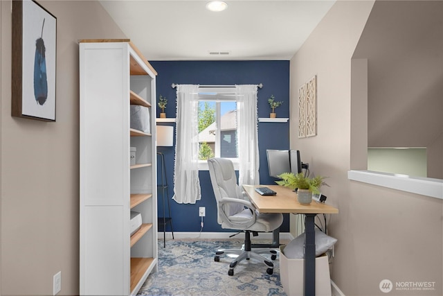 home office featuring baseboards and recessed lighting