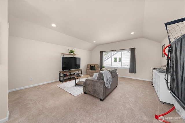 living area featuring lofted ceiling, light carpet, recessed lighting, and baseboards