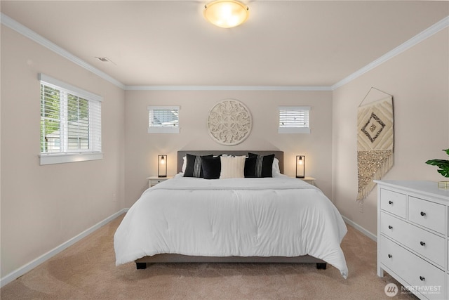 bedroom featuring crown molding, multiple windows, light colored carpet, and baseboards