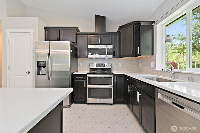 15627 240th St E, Graham, WA 98338 - kitchen featuring stainless steel appliances, a sink, healthy amount of natural light, and backsplash