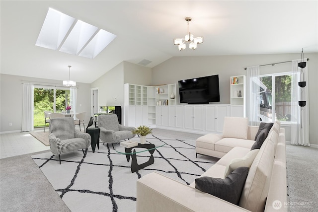 15627 240th St E, Graham, WA 98338 - living area with a chandelier, carpet, lofted ceiling, a skylight, and baseboards
