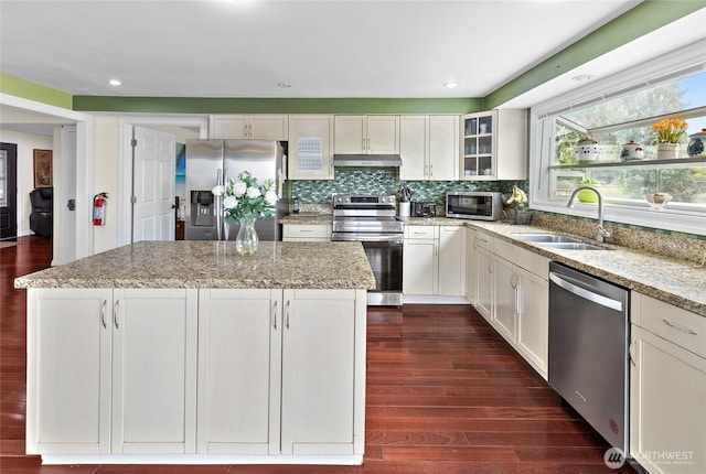 431 12th Pl N, Edmonds, WA 98020 - kitchen with stainless steel appliances, a sink, under cabinet range hood, light stone countertops, and a center island