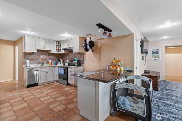 431 12th Pl N, Edmonds, WA 98020 - kitchen featuring range with electric cooktop, dishwasher, tasteful backsplash, white cabinetry, and under cabinet range hood