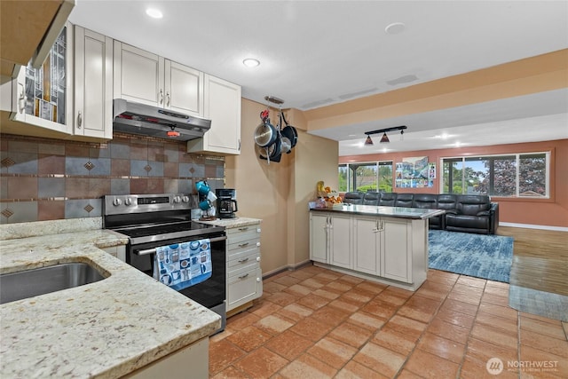 431 12th Pl N, Edmonds, WA 98020 - kitchen with stainless steel range with electric cooktop, under cabinet range hood, baseboards, a peninsula, and decorative backsplash
