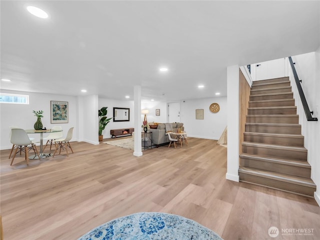 7822 Beverly Blvd Unit B, Everett, WA 98203 - living area featuring stairway, recessed lighting, light wood-style floors, and baseboards