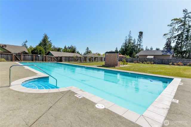 2605A Plum Ct Unit A, Port Angeles, WA 98363 - view of pool with a lawn, a fenced in pool, a fenced backyard, and a patio area