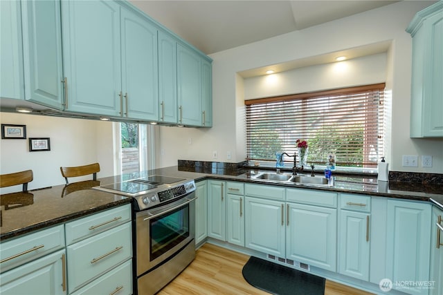 2605A Plum Ct Unit A, Port Angeles, WA 98363 - kitchen featuring stainless steel range with electric cooktop, a sink, dark stone counters, light wood-type flooring, and visible vents