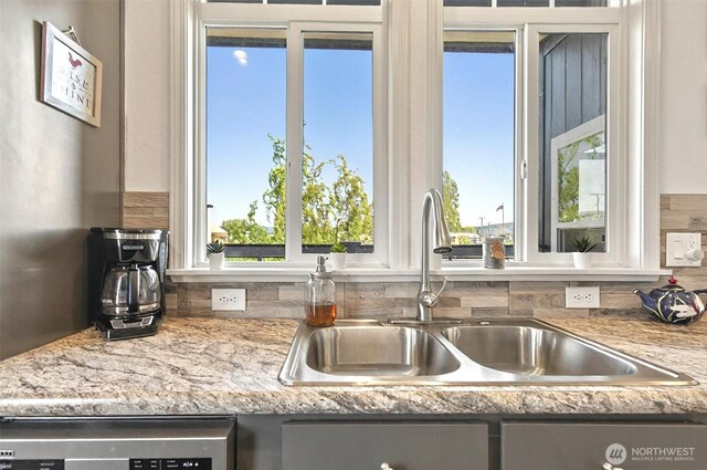 room details with a sink, decorative backsplash, and dishwasher