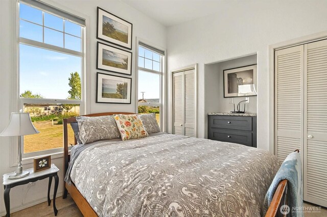 bedroom with multiple closets