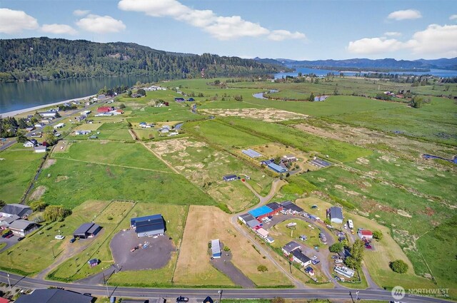 bird's eye view featuring a water and mountain view and a wooded view
