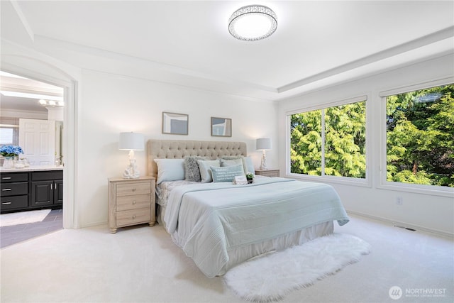 bedroom with light colored carpet, a tray ceiling, baseboards, and ensuite bathroom