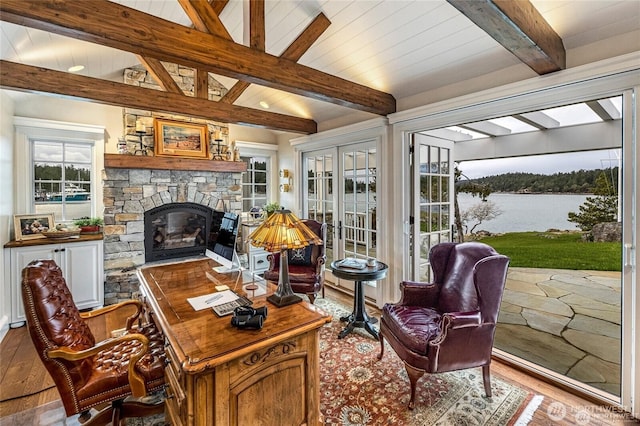 interior space featuring beam ceiling