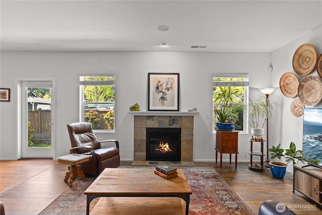living room with wood-type flooring, a fireplace, healthy amount of natural light, and baseboards