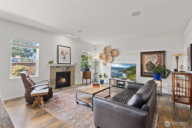 living area featuring hardwood / wood-style floors, a fireplace, and baseboards