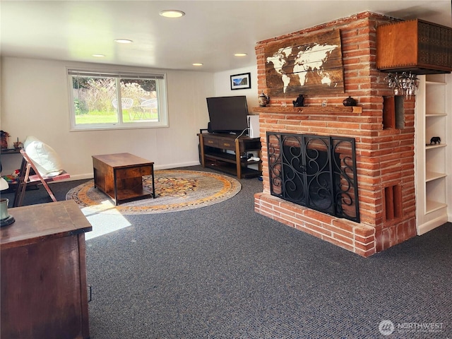 11515 7th Ave NE, Seattle, WA 98125 - living room featuring recessed lighting, carpet, a brick fireplace, and baseboards