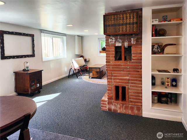 11515 7th Ave NE, Seattle, WA 98125 - living area featuring recessed lighting, carpet flooring, baseboards, and a brick fireplace