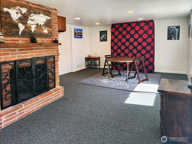 11515 7th Ave NE, Seattle, WA 98125 - dining area with a brick fireplace, recessed lighting, and carpet