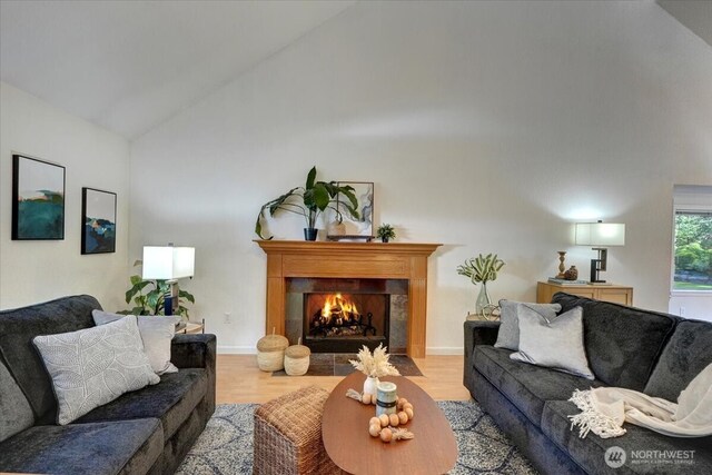 living area featuring wood finished floors, a tile fireplace, and high vaulted ceiling