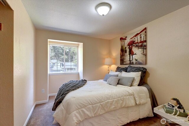 bedroom with dark carpet, baseboards, and a textured ceiling