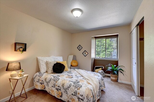 bedroom with carpet flooring, baseboards, and a textured ceiling