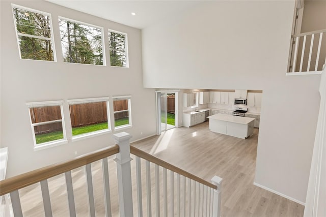 interior space with baseboards, a towering ceiling, and wood finished floors