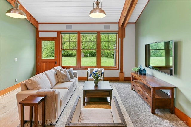 living area featuring wooden ceiling, baseboards, wood finished floors, and visible vents