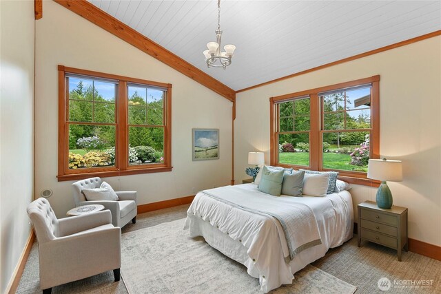 bedroom with vaulted ceiling with beams, baseboards, a chandelier, and multiple windows
