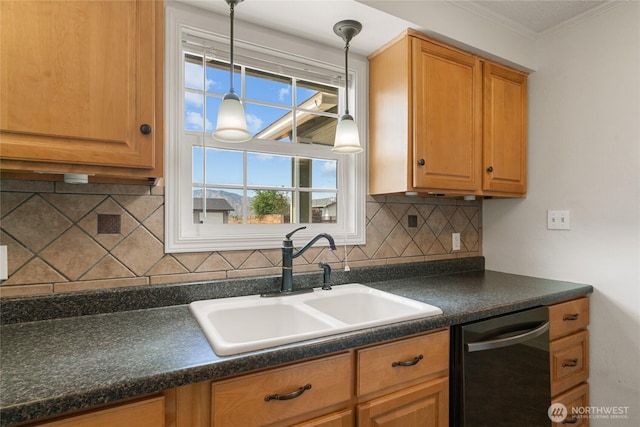 kitchen featuring decorative backsplash, crown molding, dark countertops, a sink, and dishwashing machine