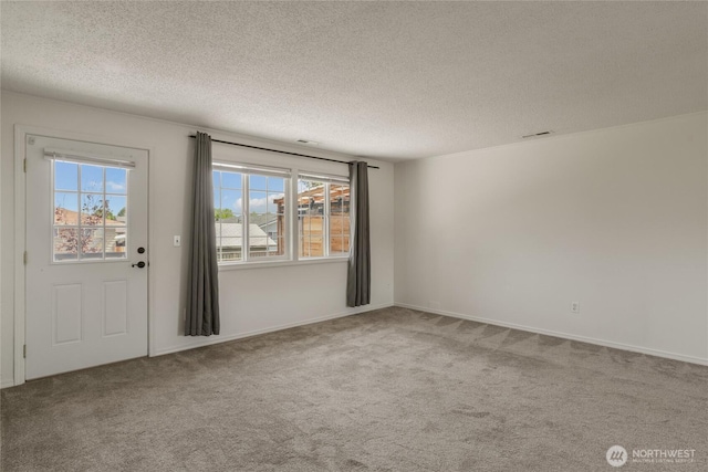 interior space with a textured ceiling, plenty of natural light, and carpet