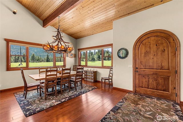 dining room with wooden ceiling, hardwood / wood-style floors, a chandelier, baseboards, and arched walkways