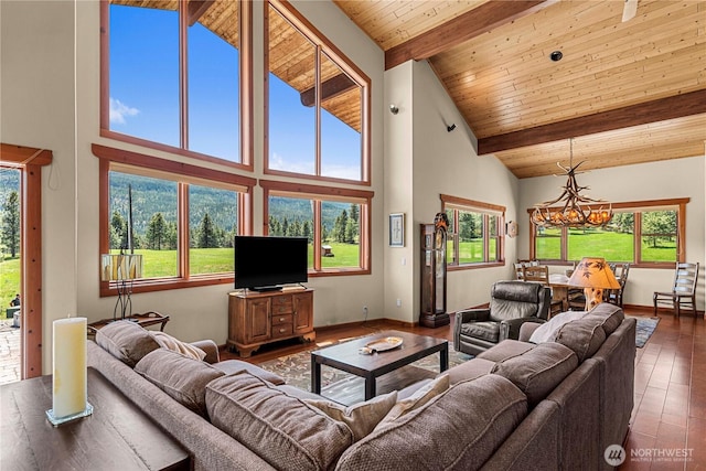 living room featuring wooden ceiling with exposed beams, a chandelier, healthy amount of natural light, high vaulted ceiling, and wood finished floors