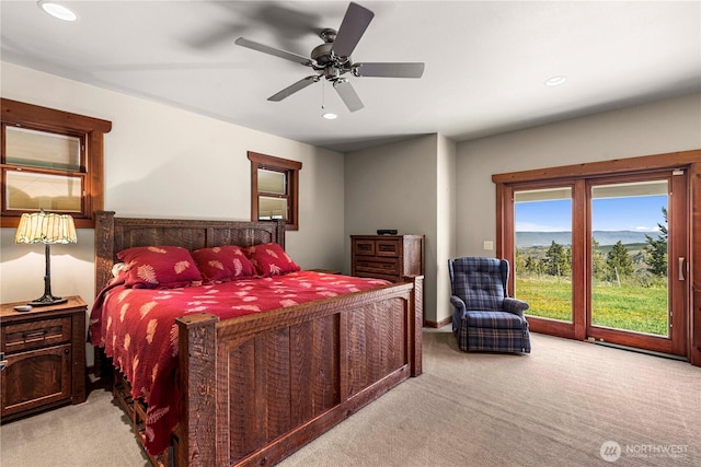 bedroom with light colored carpet, recessed lighting, a ceiling fan, access to outside, and baseboards