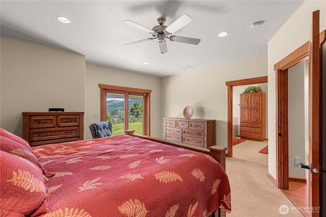 bedroom with access to exterior, recessed lighting, light carpet, and ceiling fan